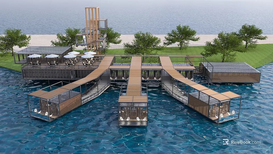 Container Buildings On Water With Connected Structures Trees And Outdoor Seating Areas 3d model 