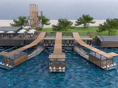Container Buildings On Water With Connected Structures Trees And Outdoor Seating Areas 3d model