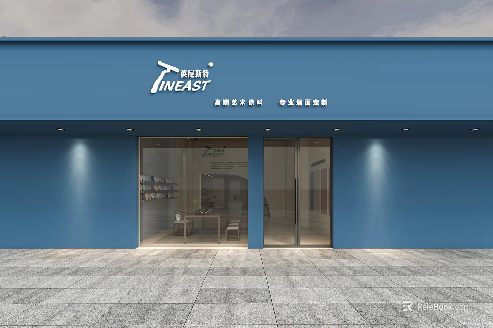 Tineast Store Exterior Featuring Blue Facade Glass Doors And Interior Displays 3d model 