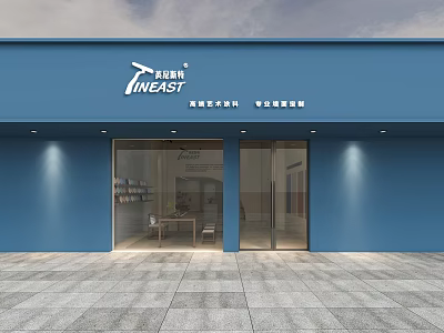 Tineast Store Exterior Featuring Blue Facade Glass Doors And Interior Displays 3d model