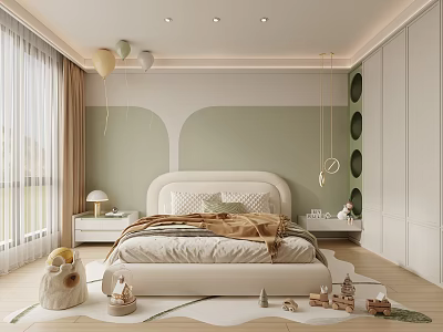 Kids Room Interior Design With Soft Green Walls Balloons Wooden Toys And Cozy Bed 3d model