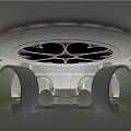 Modern Office Interior Design With Circular Ceiling And Green Pod Seating Areas 3d model