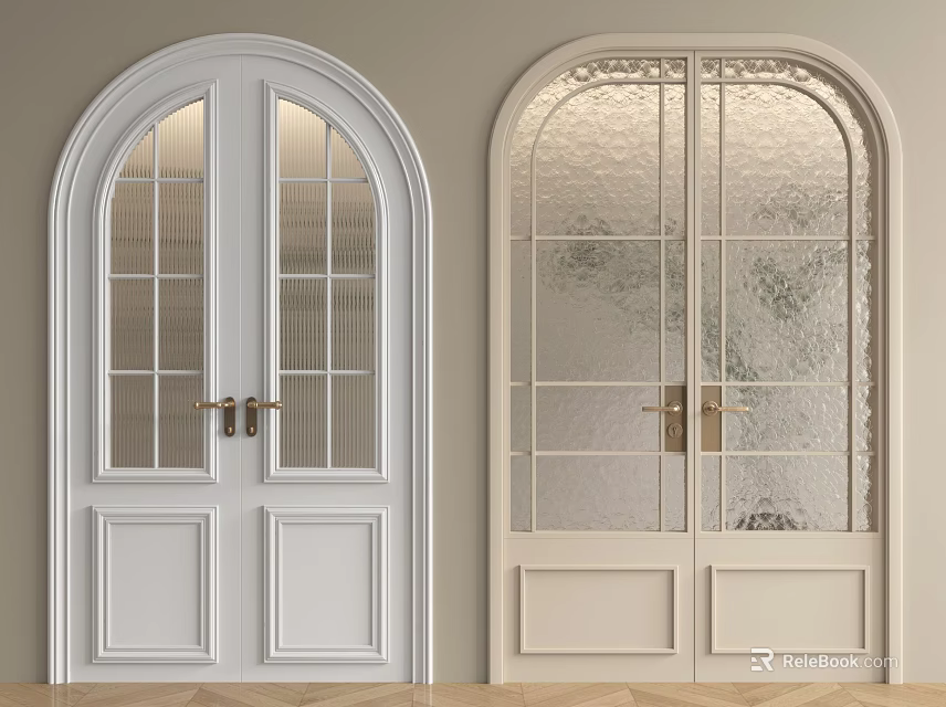 Elegant Swing Doors With Arched Top Transparent And Frosted Glass Grilles 3d model 