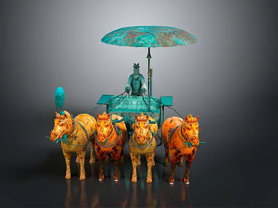 Bronze Sculpture of Horse Drawn Chariot with Four Horses Umbrella and Figure 3d model