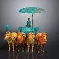 Bronze Sculpture of Horse Drawn Chariot with Four Horses Umbrella and Figure