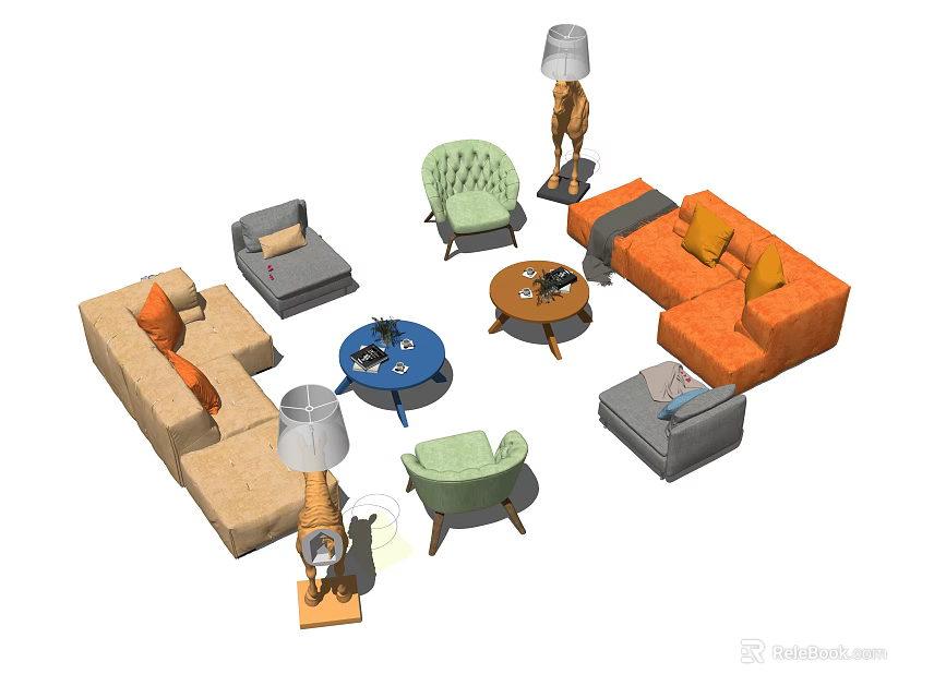 Modern Living Room Sofa Coffee Table Set With Orange Beige Sofas Round Tables And Accent Chairs 3d model 