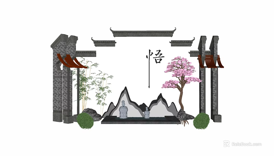 Chinese Style Garden Ornament With Bamboo Cherry Blossom Tree Rockery Wu Character And Traditional Architecture 3d model 