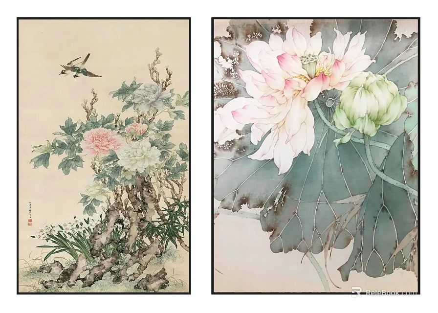 Traditional Botanical Paintings Featuring Peony Flowers Bird And Lotus With Green Leaves 3d model 