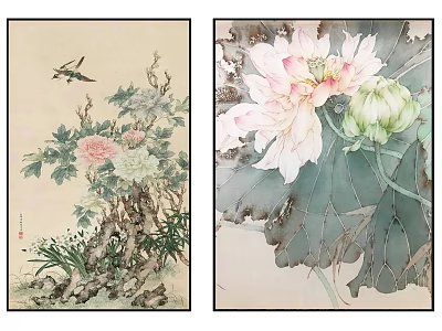 Traditional Botanical Paintings Featuring Peony Flowers Bird And Lotus With Green Leaves 3d model