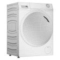 Modern Front Load Washing Machine With White Body Black Circular Door And Drum View