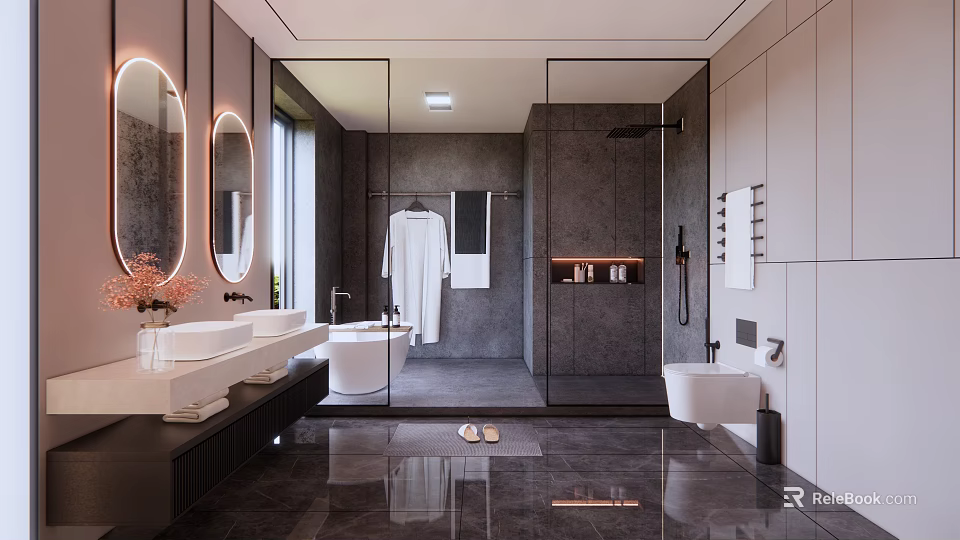Modern Bathroom Interior Design With Double Vanity Round Mirrors Bathtub And Glass Shower 3d model 