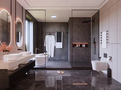 Modern Bathroom Interior Design With Double Vanity Round Mirrors Bathtub And Glass Shower 3d model