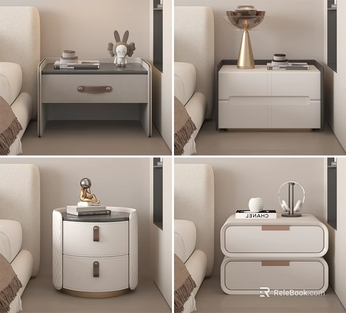 Modern Minimalist Bedside Tables With Drawers Metal Handles And Decorative Items 3d model 