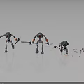 Three Mechanical Robot Characters With Swords Axes And Small Tools On Dark Surface 3d model