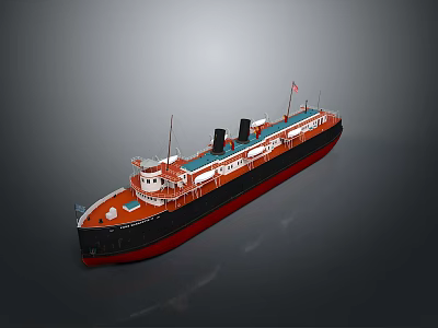 Vintage Red And Black Ship Model With Two Black Chimneys White Deck And Small Flag 3d model