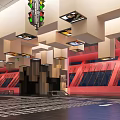 Modern Interior Space With Geometric White Structures Colorful Traffic Lights And Zebra Floor Design