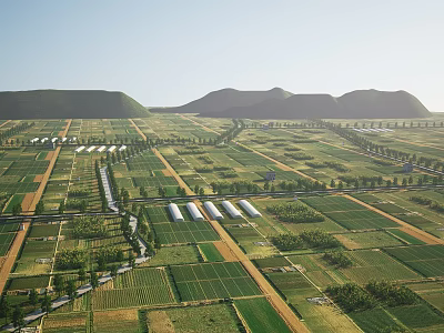 Aerial View of Green Farmland With Neat Plots Distant Mountains And White Sheds 3d model
