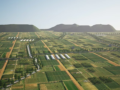 Aerial View of Green Farmland With Neat Plots Distant Mountains And White Sheds 3d model
