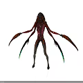 Futuristic Alien Creature Character With Multiple Arms Sharp Claws Red Body And Glowing Green Accents