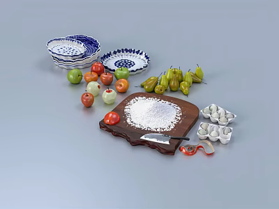 Fresh Apples Pears and Blue White Patterned Dishes with Chopping Board Salt Knife and Eggs 3d model