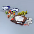 Fresh Apples Pears and Blue White Patterned Dishes with Chopping Board Salt Knife and Eggs