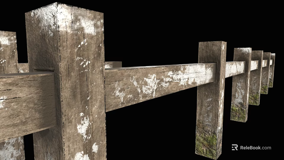 Rustic Wooden Fence with Peeling Paint Weathered Posts and Green Moss 3d model 