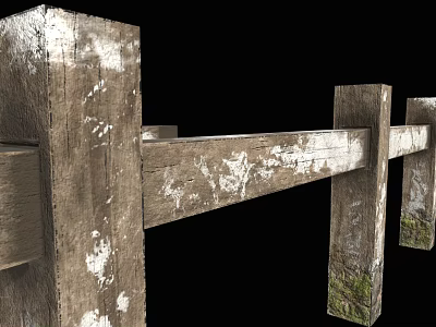 Rustic Wooden Fence with Peeling Paint Weathered Posts and Green Moss 3d model