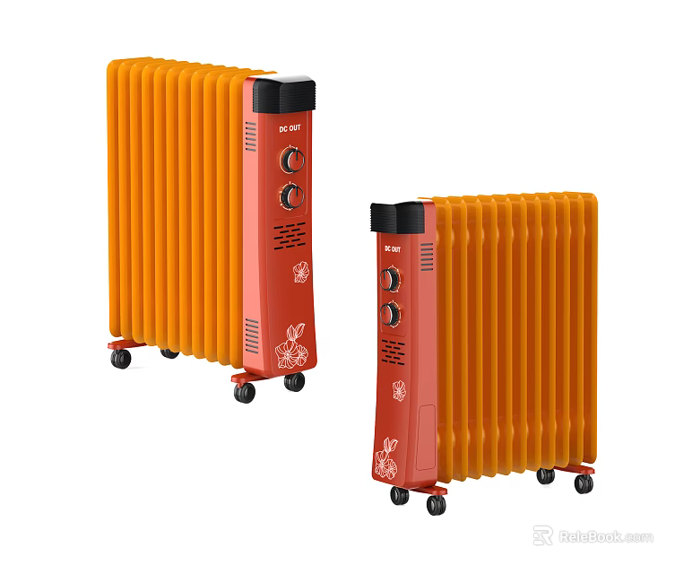 Orange Oil Filled Radiators With Wheels And Control Panels For Home Heating 3d model 