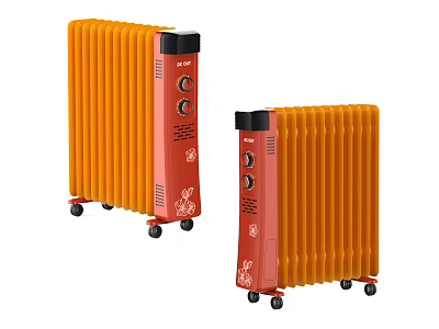 Orange Oil Filled Radiators With Wheels And Control Panels For Home Heating 3d model