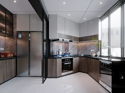 Modern Kitchen Interior With Wooden Cabinets Stainless Steel Refrigerator And Island Counter 3d model