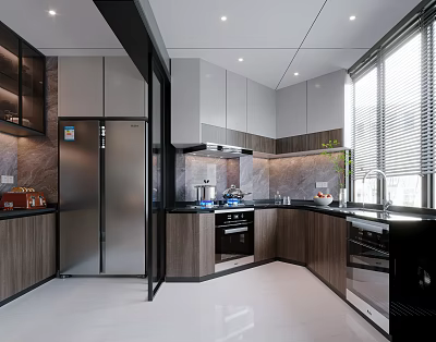 Modern Kitchen Interior With Wooden Cabinets Stainless Steel Refrigerator And Island Counter 3d model