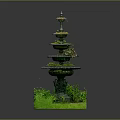 Detailed Small Decorative Multi Tiered Garden Fountain Model With Green Grass Landscape Base