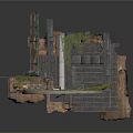 Ruined Scene 3D Model Featuring Ruined Walls Columns And Circular Paved Area With Green Foliage