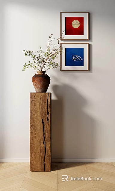 Green Plant In Terracotta Vase On Wooden Pedestal With Blue Artwork On White Wall 3d model 