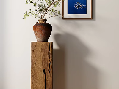 Green Plant In Terracotta Vase On Wooden Pedestal With Blue Artwork On White Wall 3d model