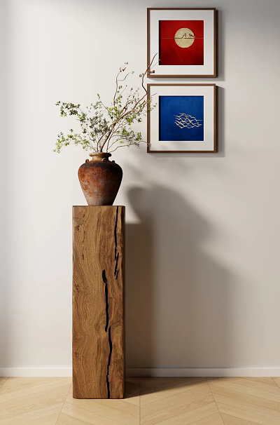 Green Plant In Terracotta Vase On Wooden Pedestal With Blue Artwork On White Wall 3d model