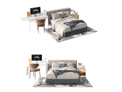 Modern Kids Bed with Cozy Bedding Study Desk Chair and Area Rug 3d model