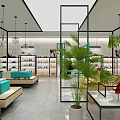 Modern Retail Store Interior With Yellow Sofas Round Coffee Table And Green Plants