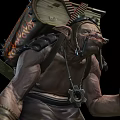 Fantasy Game Character Carrying Firewood In Backpack And Holding Staff On Grass
