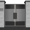 New Chinese Style Gate With Black Striped Design Gray Stone Pillars And Trees