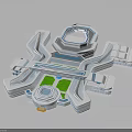 Futuristic Architectural Design 3D Model With Complex Interconnected Structure Blue White Accents And Green Areas