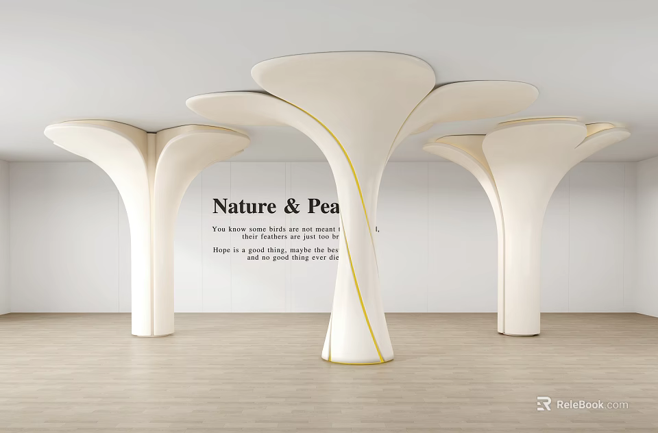 Organic Shaped White Columns with Yellow Accents in Modern Interior Design 3d model 
