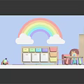 Cartoon Playroom Scene With Rainbow Clouds Bookshelf And Colorful Puzzle Mat Toys