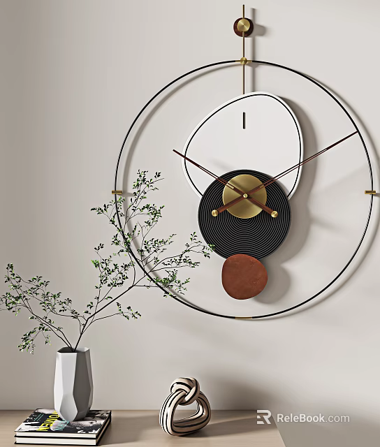 Modern Geometric Wall Clock With Black White Copper Elements And Green Plant Decor 3d model 