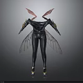 Futuristic Character In Black Bodysuit With Pink Transparent Wings And Golden Shoulders