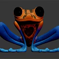 Vibrant Frog Character Design Red Black Body Blue Limbs Large Eyes With Reflection Dark Background