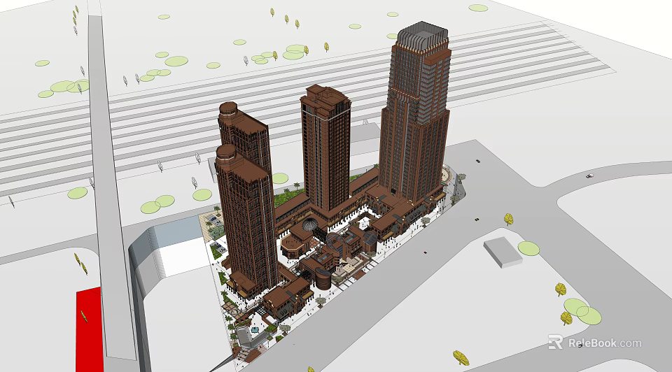 Modern Urban Commercial Street With Tall Buildings Pedestrian Plaza And Greenery 3d model 