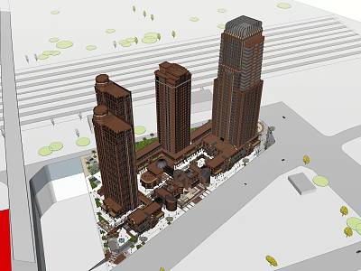 Modern Urban Commercial Street With Tall Buildings Pedestrian Plaza And Greenery 3d model