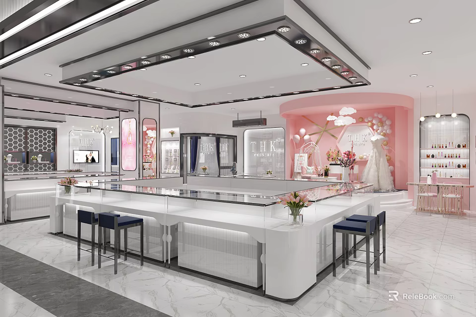 Modern Luxury Jewelry Store Interior Design With Glass Display Cases White Counter And Marble Floor 3d model 