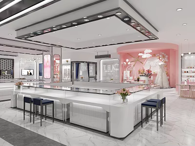 Modern Luxury Jewelry Store Interior Design With Glass Display Cases White Counter And Marble Floor 3d model
